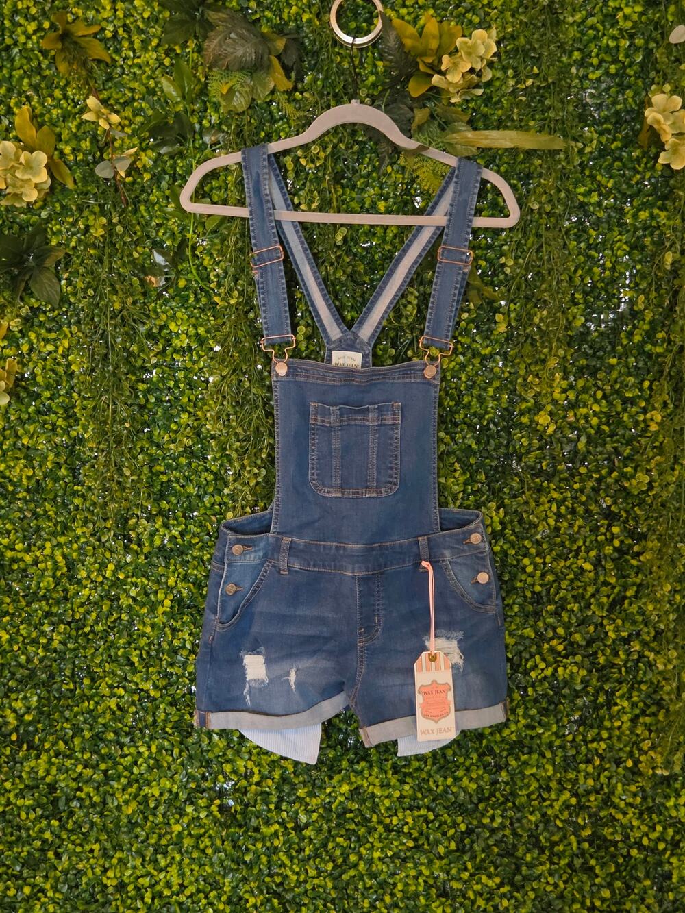 Wax Jean distressed denim overall shorts. Medium